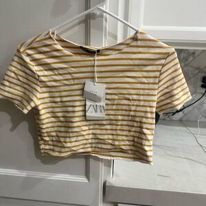ZARA White and Yellow Striped Cropped Tee